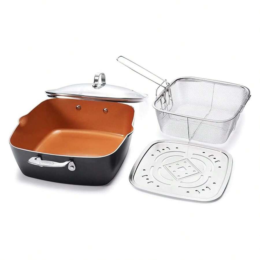 - 6 Quart XL Nonstick Copper Deep Square All In One 6 Qt Casserole Chefs Pan & Stock Pot- 4 Piece Set, Includes Frying Basket And Steamer Tray, Dishwasher ,Brown,NBIHNVF - 多色71 - 查看 1