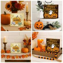 Halloween Fall Decor, Reversible Thanksgiving Decorations, Wooden Happy Halloween Sign With Pumpkin And Ghost, Thanksgiving Table Decor, Rustic Block Tiered Tray, Shelf, Mantel