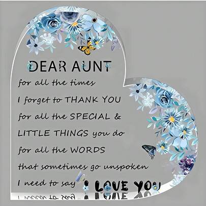 1pc Dear Aunt Acrylic Heart Desktop Plaque, Thank-You Quote Keepsake, Blue Floral, From Niece/Nephew, Bedside/Mantel , Birthday Gift & Christmas Gift Idea - Home Decor Room Decor Holiday Gift Christmas
