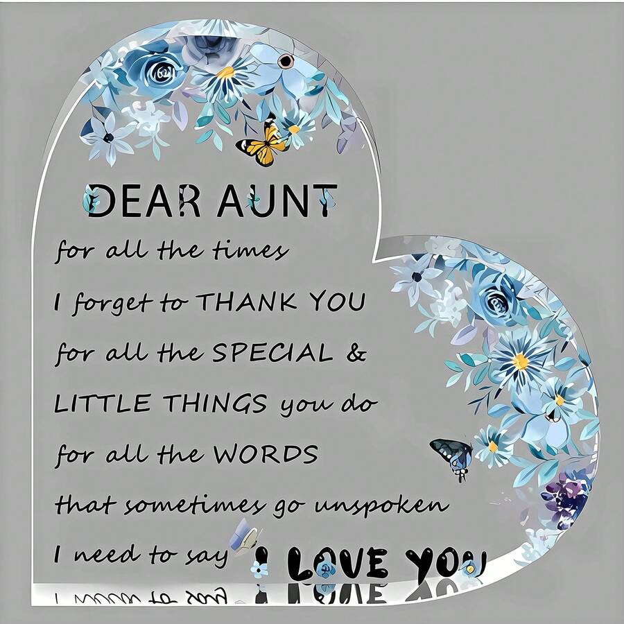 1 szt. akrylowa tabliczka na biurko w kształcie serca "Droga Ciociu", pamiątkowa pamiątka z podziękowaniami, niebieskie kwiaty, od siostrzenicy/siostrzeńca, na noc/kominek, prezent urodzinowy i świąteczny – wystrój domu, wystrój pokoju, prezent świąteczny, Boże Narodzenie