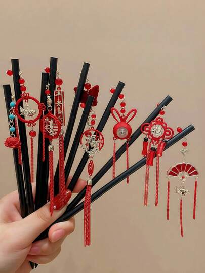 18 cm hårspänne i kinesisk stil med röd zinklegering, fläktformat hänge, lämpligt för olika frisyrer, kan användas som håraccessoar eller brosch för kvinnor, huvudaccessoarer, håraccessoarer för kvinnor