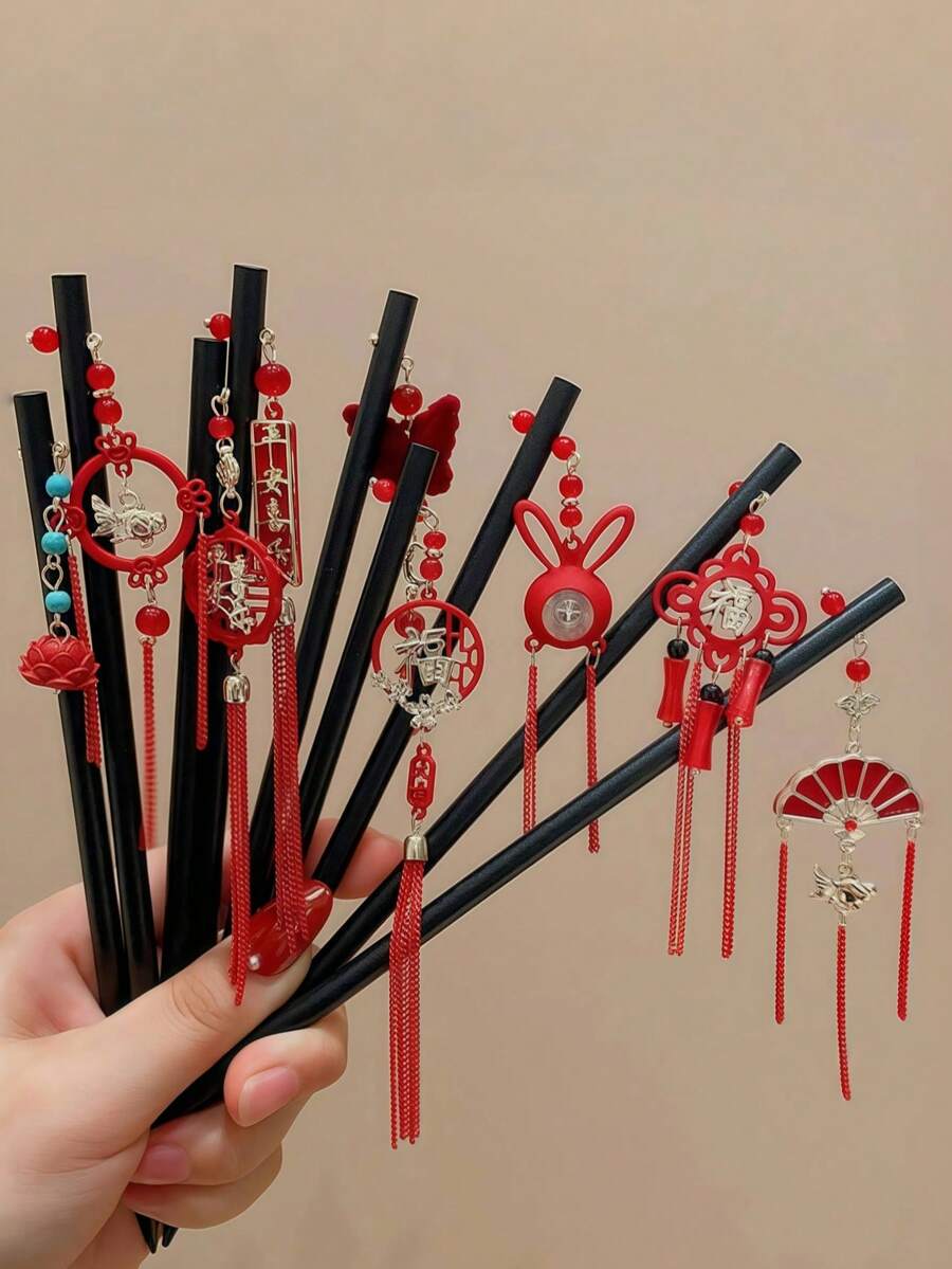 18厘米中国风红色锌合金扇形吊坠发夹，适合多种发型，可用作女性发饰或胸针，头部饰品，女士发饰 - 彩色 - 查看 1