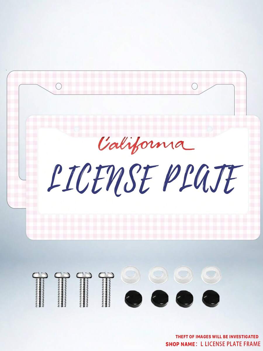 2PC Pink Checkered Pattern Aluminum License Plate Frame 6x12 Inches With Screw Kit, Retro And Cute Car Decoration Auto Enthusiasts, Fun And Novelty Design, Universal Standard Size US Vehicle Plates - 12x6 inch - 查看 1