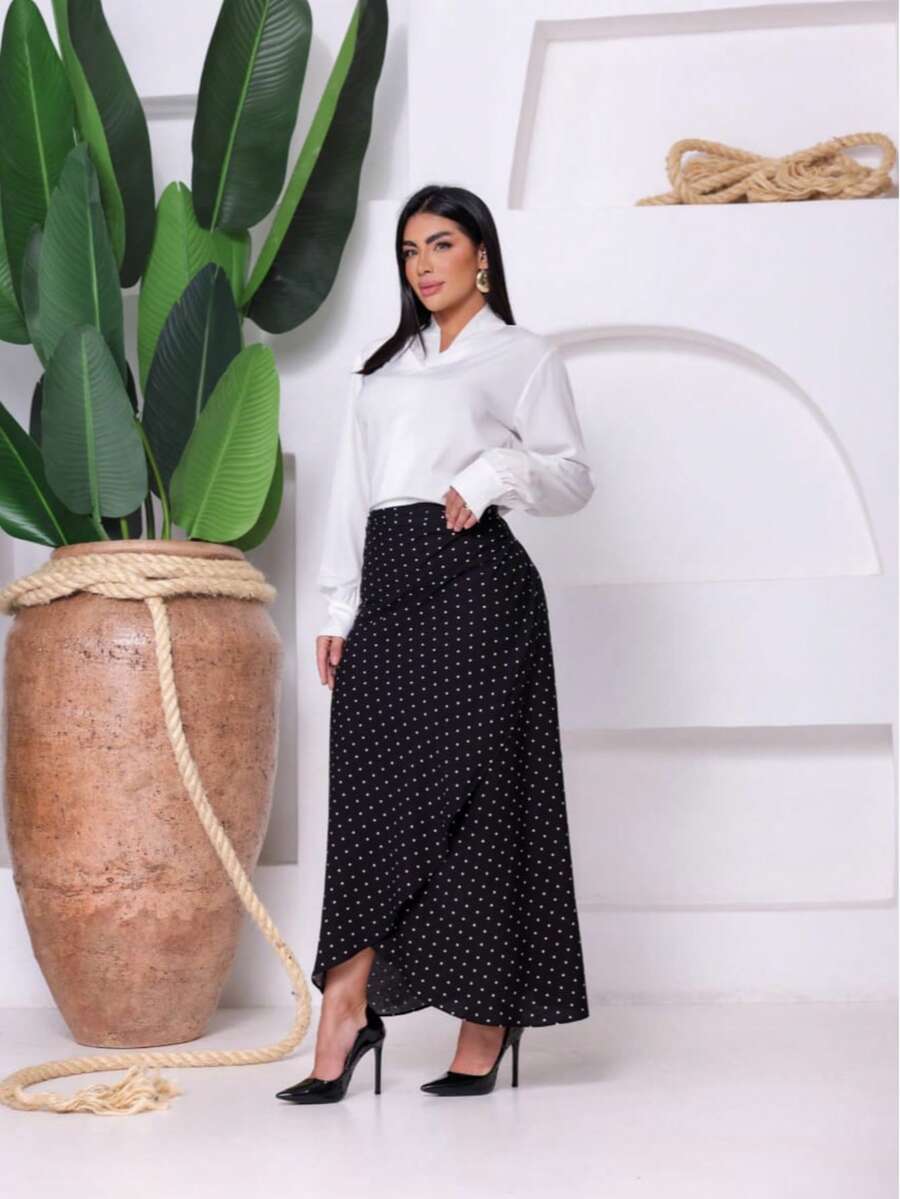 VISCOLINHO WRAP SKIRT WITH SLIT LINING - BLACK OPÁ - Lunares negros - Ver 1