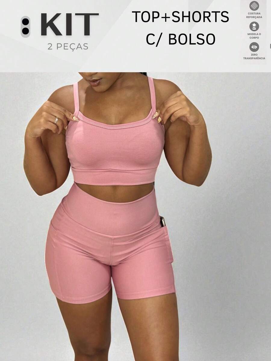 Conjunto top e shorts com BOLSO Fitness Academia Cintura alta Cós Duplo - Rosa Bebê - Visão 1