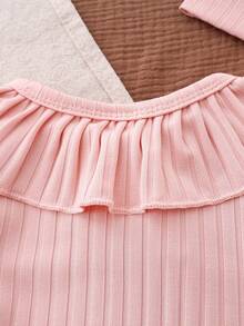 Baby Girl Soft & Skin-Friendly Jumpsuit, Pink, Round Neck Long Sleeve With Ruffle, Bow Decor, Button Front, All Season