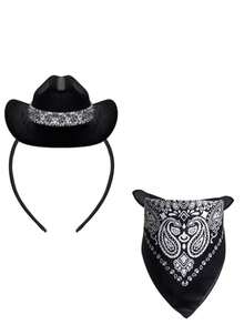 2pcs Cowboy Hat Headband Cowgirl Mini Hat Headbands With Bandana For Women Halloween Birthday Party Favor