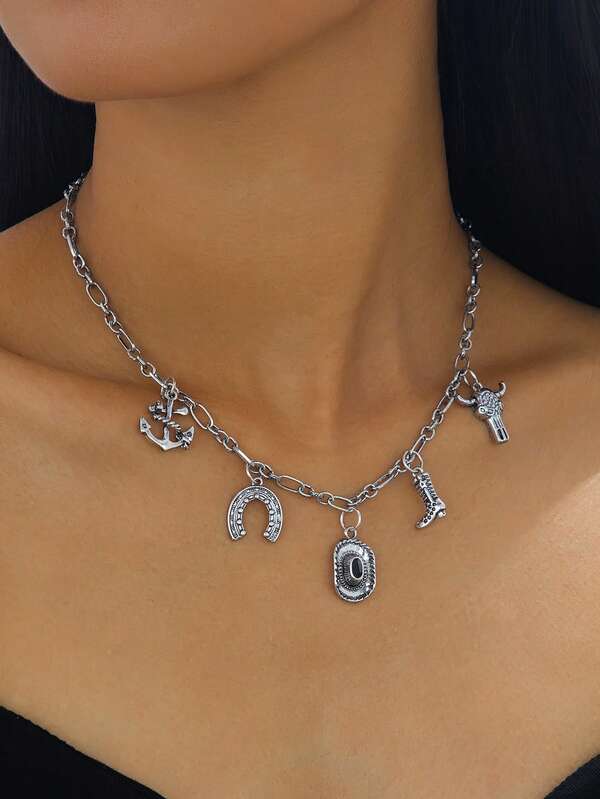 1pc New Western Cowboy Alloy Horse Hoof, Cowboy Hat, Cactus, Bull Head Decor Women Clavicle Necklace