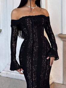 فستان أبيض طويل من الدانتيل بأكتاف مكشوفة للنساء، أكمام طويلة واسعة، قصة جسم الحورية، أنيق وراقي، مناسب للزفاف والمناسبات الرسمية والمناسبات الخاصة، خريف/شتاء - الأسود - مشاهدة 10