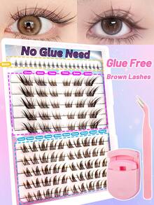 100片免胶簇状假睫毛，3种棕色混合款式，蓬松D卷长度11-13毫米；包含20片免胶下睫毛，蓬松单片自粘睫毛，DIY睫毛嫁接，预粘簇状睫毛，自然纤长D卷睫毛，无需胶水，无需卸妆，附赠镊子和睫毛夹。 - 棕色 - 查看 11