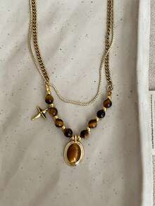 1 件/套复古优雅多层虎眼石吊坠项链，女士双层锁骨链首饰套装，女士日常派对配饰，时尚首饰，最佳朋友礼物，秋冬毛衣链首饰礼物 - 彩色 - 查看 16