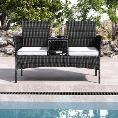 Rosahqnda Panca da giardino in rattan, panca a 2 posti con tavolo e cuscini integrati, 133 x 63 x 87 cm, panca in rattan, giardino, balcone, divano da giardino, gruppo di seduta resistente alle intemperie, sedia in rattan ultra stabile e resistente alle intemperie (cuscini bianchi + sedia in rattan nera)