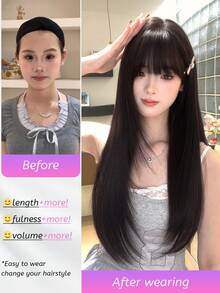 SHUDUO 1 Black Brown Synthetic Heat Resistant Straight Wig Piece, Made Of Fibers For Added Volume, Natural And Realistic Wig (No Accessories Included)