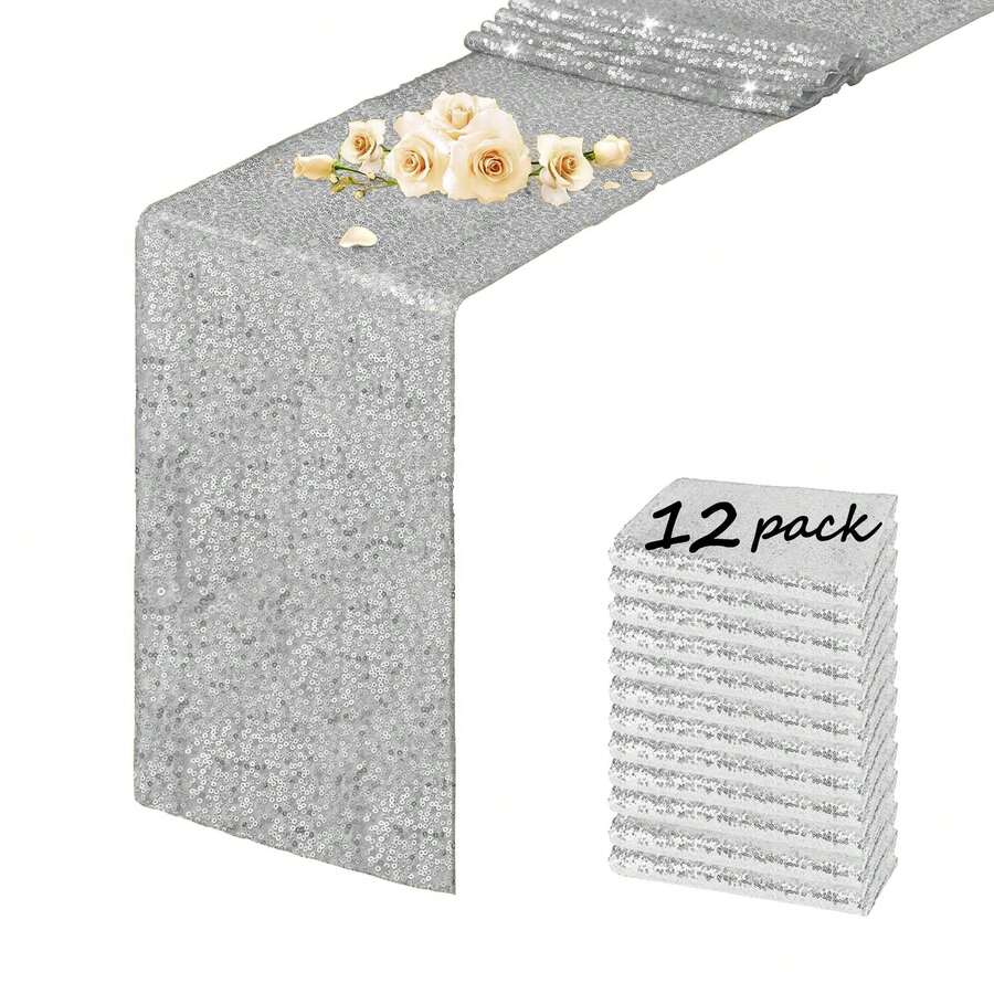 eluckya 1/6/12 Pcs Glitter Sequin Table Runner, Long Table Runner, Shiny Fabric Runner For Decorating Round/Rectangular Table, Perfect For Fall Decoration, Holiday Parties, Catering Events, Kitchen Decoration, Christmas Decoration, Halloween Textiles, Banquets, Parties, Weddings, Bridal Showers, Table Decorations, Thanksgiving, Home Decoration, Western Decoration - 銀色 - 查看 1
