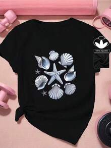Camiseta casual de mujer, 100% algodón, con estampado gráfico de playa y océano, camiseta de manga corta con cuello redondo casual y cómoda, ropa de primavera y verano, adecuada para cualquier ocasión, color sólido, casual, uso diario. - Negro - Ver 1