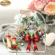 Christmas Decorations 2D Flat, 1pc Heart-Shaped Acrylic Desktop Ornament - Merry Christmas Decoration With Red Berries, Holly Leaves - Elegant Tabletop Decor For Home, Office, Party - Perfect Holiday, Birthday, Wedding, Anniversary Gift - Durable Acrylic Plaque