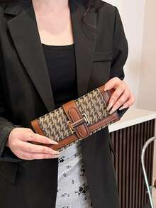 千鸟格棕色长款带扣钱包，经典复古三折女士钱包，时尚手拿包带卡槽，防盗信用卡夹，大容量 - 棕色 - 查看 5