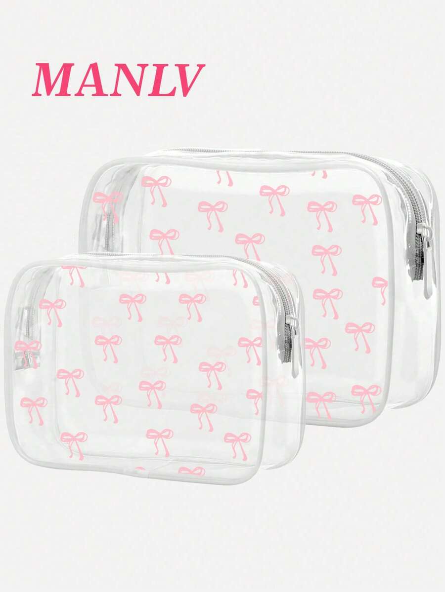 New Transparent Pink Bow Makeup Bag, Travel Organizer Pouch - PVC Clear Toiletry Bag, Travel Essential, Zipper Portable Travel Toiletry Bag, College Style PVC Cosmetic Bag, Large Capacity, Chain Travel Toiletry Bag - Multicolor - View 1