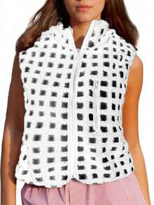 Womens Fuzzy Checkered Vest Sleeveless Stand Collar Zip Up Vest Jacket Winter Warm Outwear - 白色 - 查看 2