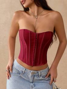 Apperloth 复古系带露背胸衣，钢骨支撑，金属孔眼，露背塑身衣，短款抹胸，万圣节服装，秋冬女装 - 酒紅色 - 查看 3