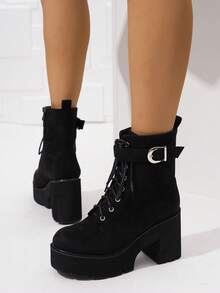 Botas de plataforma de tobillo de moda casual de otoño/invierno para mujer - Negro - Ver 6