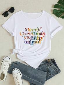 Camiseta De Navidad Para Mujer - Estampado De Feliz Navidad Y Felices Fiestas Con Papá Noel, Reno Y Copos De Nieve - Camiseta Suave De Cuello Redondo Y Corte Holgado Para El Día A Día Y Fiestas Navideñas, Camisetas De Navidad Para La Familia, Ropa De Temporada, Diseño Festivo, Tejido Cómodo, Camiseta De Cuello Redondo, Dña A Día Y Fiestas Navide - Blanco - Ver 2