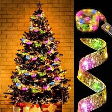 Guirlande lumineuse LED de décoration de Noël, Lumières en fil de cuivre avec ruban doré, Lumières colorées avec ruban, Lumières en fil de cuivre, Bande lumineuse en satin en forme de nœud pour sapin de Noël, Plusieurs tailles disponibles 1m/3m/5m/10m - Ruban d'or (lumière colorée) - Voir 4