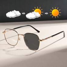 1pc Retro Metal Square Frame Decorative Two-Tone Painted Temple Unisex Glasses With Photochromic Lenses, Suitable For Nearsighted, Fashion Glasses For Men And Women - Gold - View 8