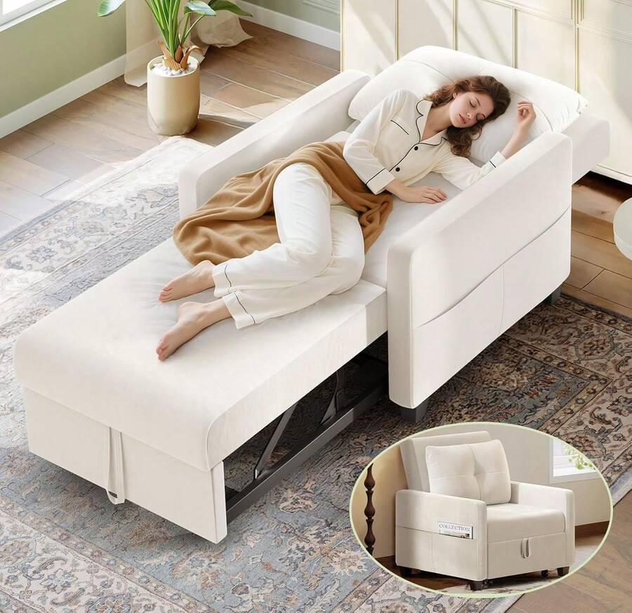 32" Convertible Sleeper Chair, Comfy Velet Sleeper Sofa Bed, 3-Position Pull Out Couch Bed, Small Sofa Bed Chair 6" Extra Thick Seat, Modern Couches For Living Room/Apartment/Office, Beige,23919993