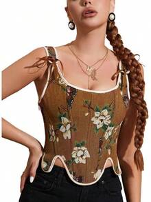 Womens Vintage 1920s Renaissance Lace Trim Corset Bustier, Retro Fashion - Kupu-kupu Coklat - View 7