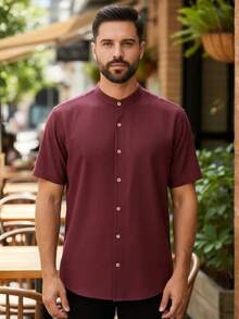 Men's Short Sleeve Shirt With Priest Collar, Lightweight, Work And Leisure - Purple - View 1