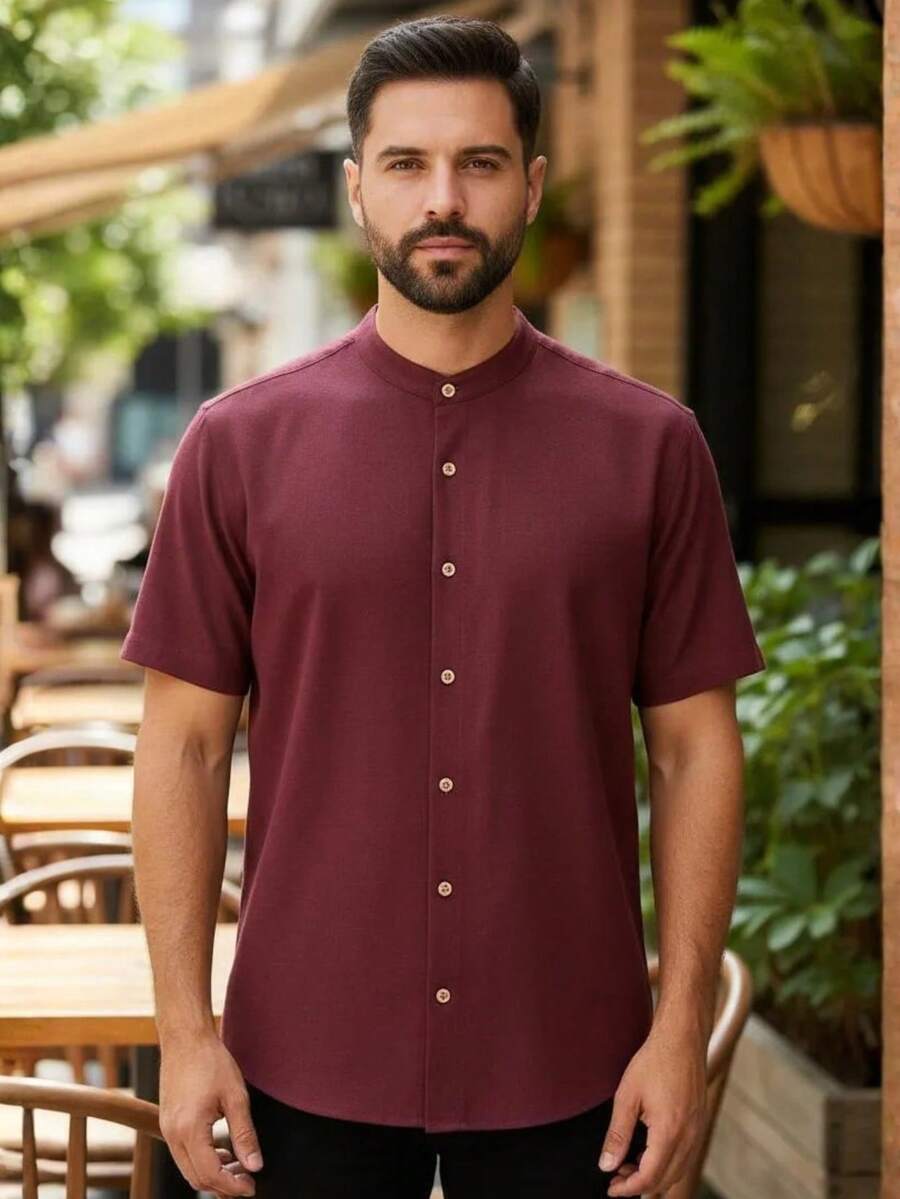 Men's Short Sleeve Shirt With Priest Collar, Lightweight, Work And Leisure - Purple - View 1