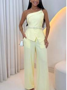 Women's Set: One-Shoulder Asymmetrical Blouse And Wide-Leg Pants With Belt - Yellow - View 2