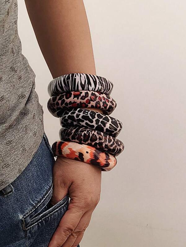 1pc Retro Leopard & Zebra Print Resin Bracelet, Fashionable Accessory For Women, Suitable For Casual, Party And Daily Wear