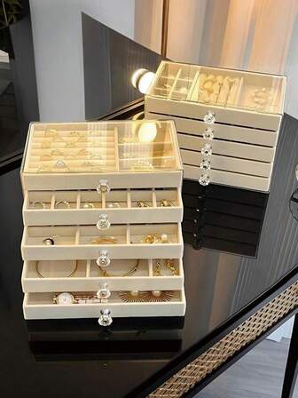 1 Pieza Joyero de Terciopelo de 5 Niveles, Caja de Almacenamiento de Joyas de Acrílico Transparente, Caja de Almacenamiento de Joyas Apilable de Múltiples Capas, Caja de Joyas con Cajones, Pendientes, Anillos, Collares, Pulseras, Caja de Almacenamiento de Colgantes, Caja de Almacenamiento de Joyas de Plástico Transparente y Terciopelo con Cajones, Caja de Almacenamiento y Organizador de Maquillaje, Estante de Almacenamiento.