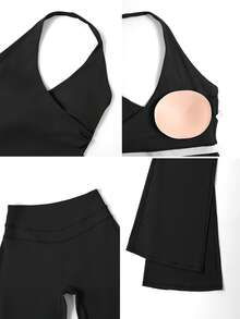 NcmRyu 1 Set Women's Sexy Halter Deep V-Neck Backless Crop Top And Flared Yoga Pants Activewear Set - Black - View 4