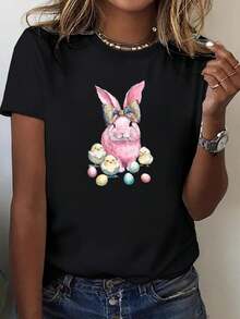 Women'S Y2K Retro Pink Bunny & Pastel Eggs Graphic-Shirt-Soft Fabric, Washable Casual Round Neck Short Sleeve Top SpringAutumn Fashion, Spring Attire Comfortable Fit - 黑色 - 查看 1