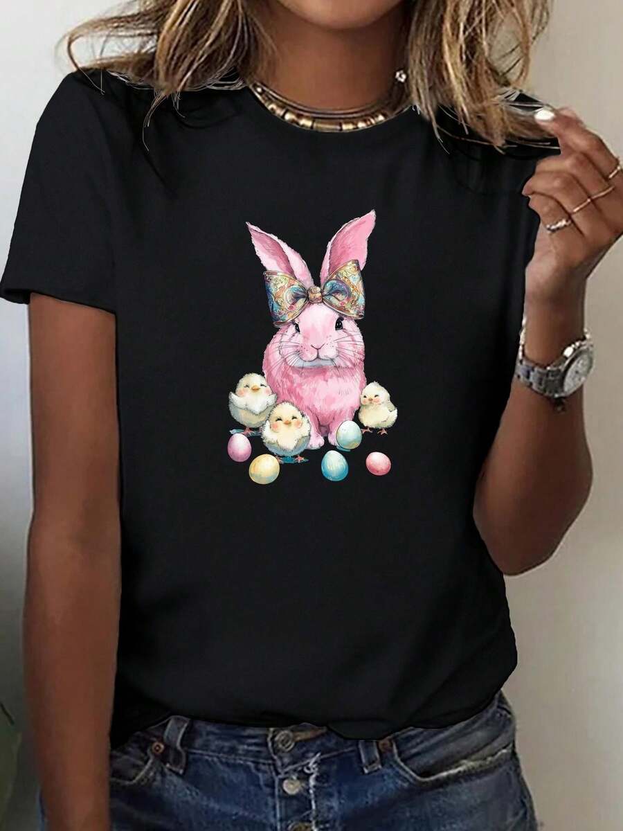 Women'S Y2K Retro Pink Bunny & Pastel Eggs Graphic-Shirt-Soft Fabric, Washable Casual Round Neck Short Sleeve Top SpringAutumn Fashion, Spring Attire Comfortable Fit - 黑色 - 查看 1