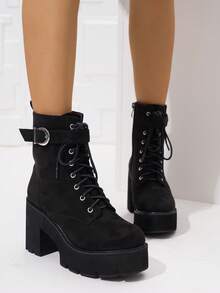 Botas de plataforma de tobillo de moda casual de otoño/invierno para mujer - Negro - Ver 14