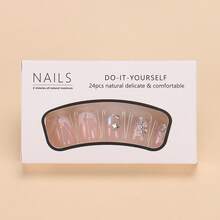 24pcs Geometric V-French Fake Nails, Nude Pink Base With 3D Acrylic Flower, Chunky Glitter & Pearl Detail, Glossy Square Press-On Nail Kit With Jelly Glue - 粉 - 查看 5