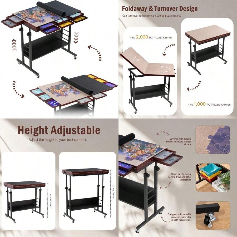 2000 Piece Foldable Puzzle Board With Height Adjustment Jigsaw Puzzle Table With 2 Felt Cover And 8 Sorting Trays/Drawers Puzzle Easel With Legs Enclosed With 4 Roller Wheels Black - 黑色 - 查看 1