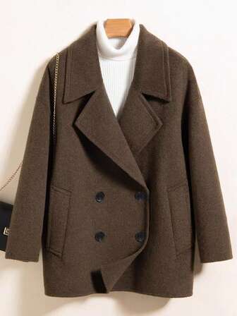 Europäischer und amerikanischer modischer lässiger, weiter, brauner Doppelreiher-Mantel mit Taschen, beidseitig tragbar, verdickt, Outdoor Damen Wollmantel