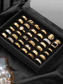 10/20/40/60pcs Set Stainless Steel Roman Embossed Matte Finish Rings, Unisex, Suitable For Daily Wear & Holiday Decoration, Random Styles & Sizes