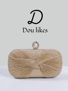 Elegant Champagne Pleated Woven Evening Clutch Bag, High-End Engagement Clutch Purse For Cheongsam Dress, With Metal Chain, Graceful Lady Party Clutch Suitable For Prom, Wedding, Graduation Dance, Formal Dinner/Banquet, Perfect Match For Women's Graduation Dance Dress, Graduation Dance Accessories, Sequin Dress, Shiny Dress, Women's Graceful Dress.