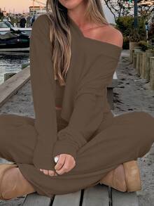 Women's Casual V-Neck Ribbed Sleeve Long Sleeve Top + Long Pants Set, Comfortable & Minimalist, Autumn/Winter - Brown - View 2