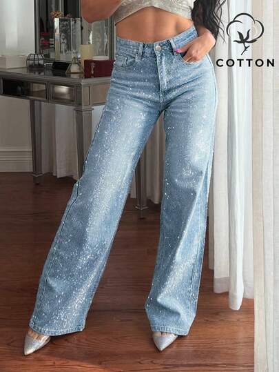 2025 New Fashion European & American Style Women's Loose Fit Rhinestone Embellished Straight Leg Maxi Jeans