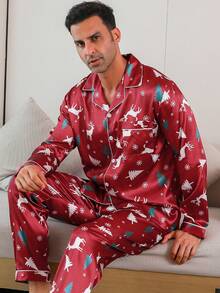 Christmas Themed Printed Men's Two Pieces Sets Satin Lapel Long Sleeved Top And Pants Pajama Set Suitable For All Seasons, Fall Clothes