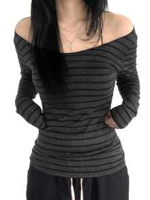 Off The Shoulder Tops For Women Striped Long Sleeve Shirts Going Out Top Y2k Fall Clothes - 灰色 - 查看 9