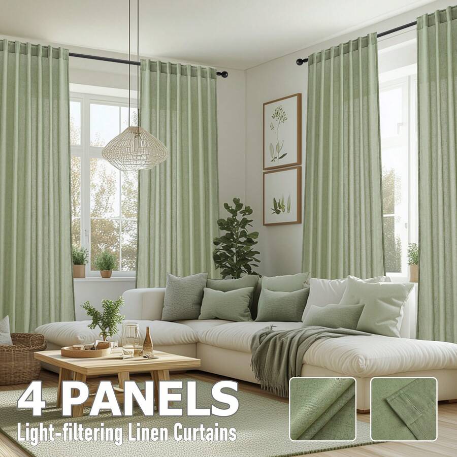 4 Panels Linen Blend Semi-Sheer Curtains Back Tab, Farmhouse Style Light Filtering Drapes For Living Room Bedroom Dining Room, Privacy Protection Window Treatments - Sage Green - 查看 1
