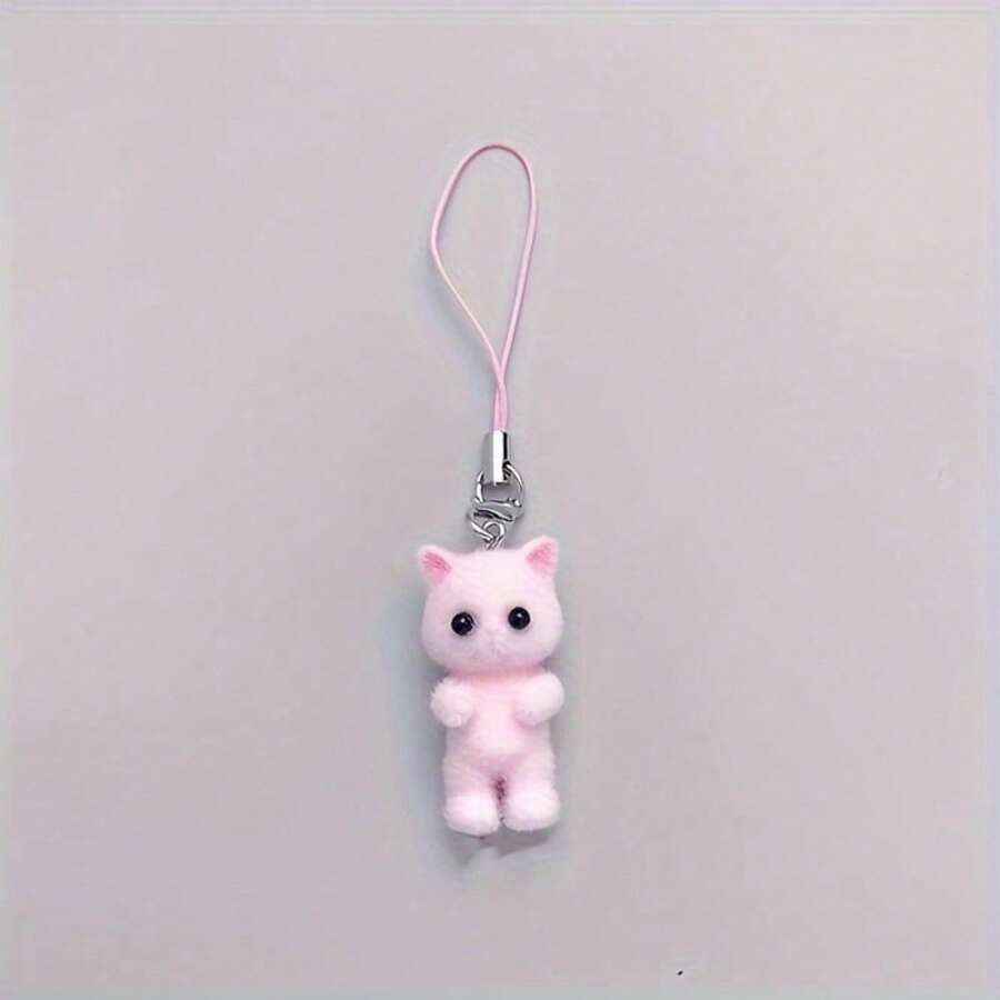 Resin Flocking 3D Cat Pendant Mobile Phone Lanyard Cute Animal Mobile Phone Chain Key Ring Pendant Couple Decorative Gift - Pink - View 1